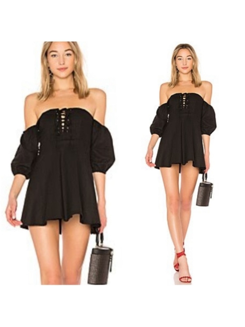 MAJORELLE Off-Shoulder Black Mini Dress with Puff Sleeves